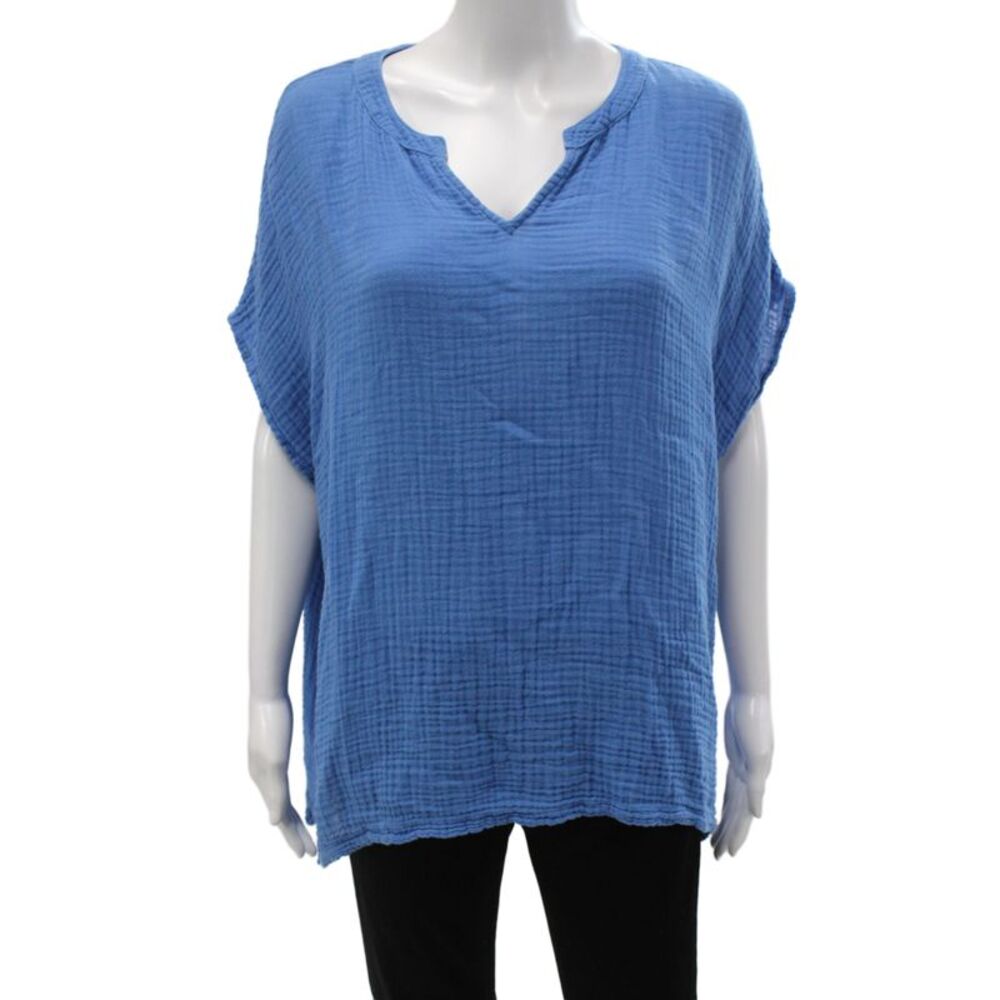 Michael Stars Women Blue V-Neck Tunic Blouse 100% Cotton Sleeveless Size XL